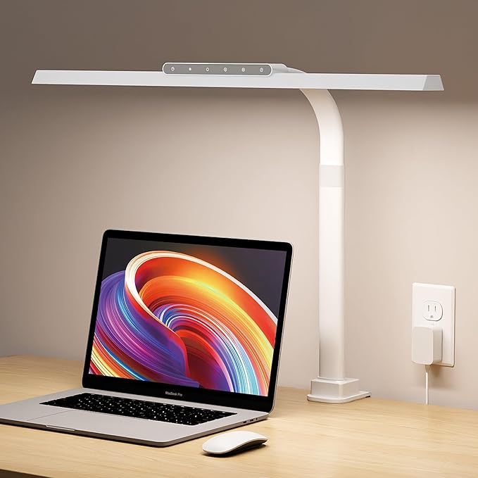 LED Desk Lamps for Home Office, 24W Bright Eye-Caring Desk Light with Clamp, Stepless Dimming Adjustable Flexible Gooseneck Clip on Office Lamp with Adapter for Reading, Study, Workbench,White-DeskLoop Office
