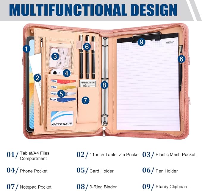 Padfolio Portfolio Binder with Handle, 3-Ring Folder Organizer, Vegan Leather - Image 4