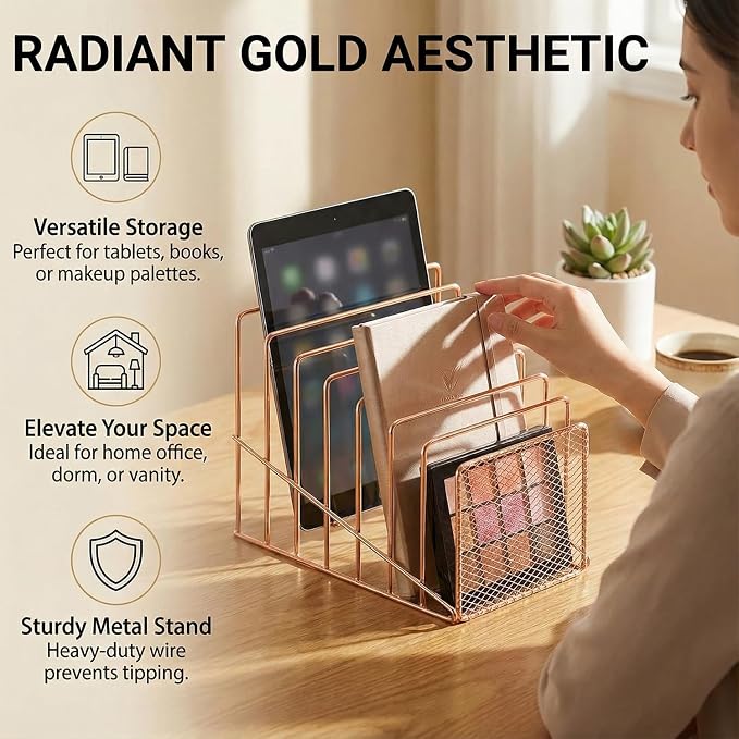Rose Gold Desk Organizer 7 Slot Inclined Vertical File Folder Holder Sorter - Image 7