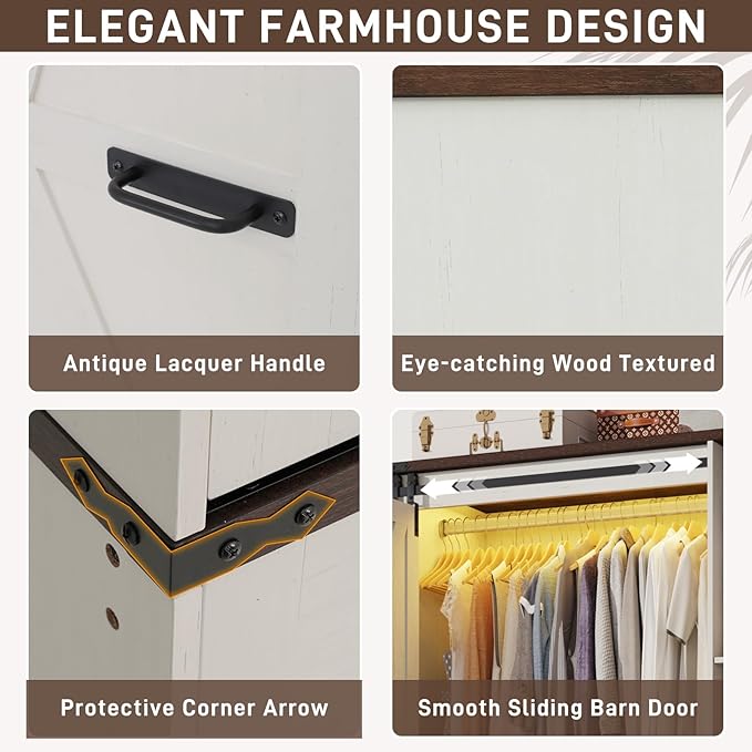 Farmhouse 3 Doors Armoire Wardrobe Closet w/Folding Sliding Barn Door and Lights, LED Armoire Closet w/Drawers for Bedroom, Freestanding Wooden Wardrobe Storage Closets w/Hanging Rod,Antique White-DeskLoop Office