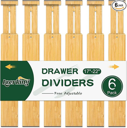 Lzerking Kitchen Drawer Dividers 6 Pack Bamboo Drawer | 17-22" Adjustable by Lzerking