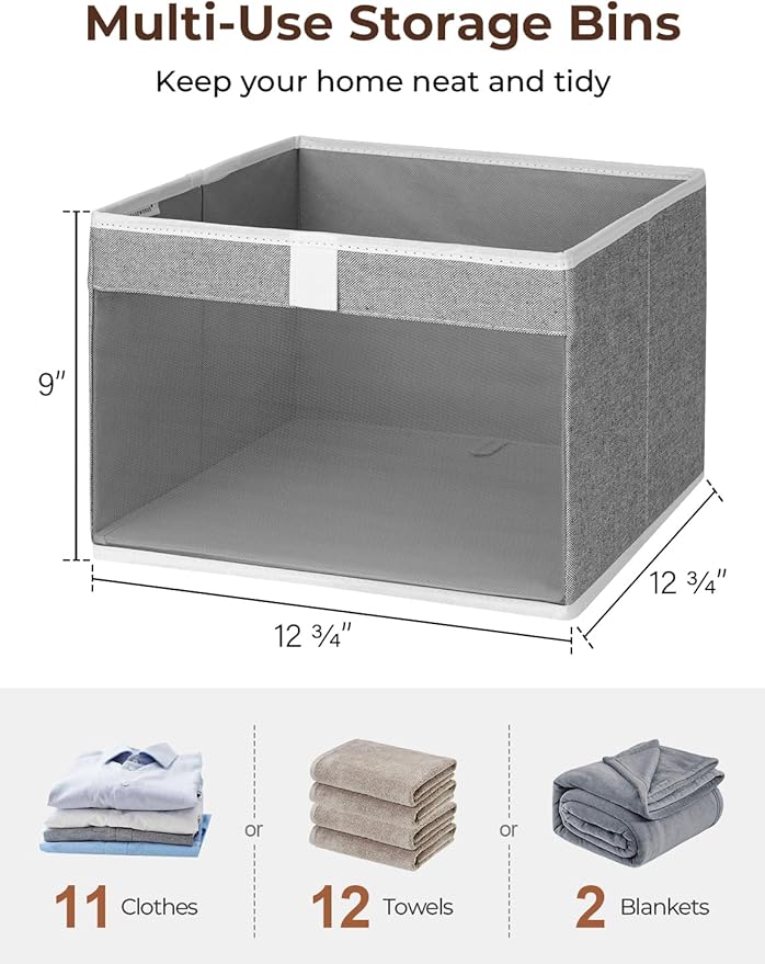 StorageWorks Closet Storage Bins, Large Storage Baskets with Clear Window and Handles, Foldable Fabric Organizer for Clothes, Shelves, Gray, 3 Pack-DeskLoop Office