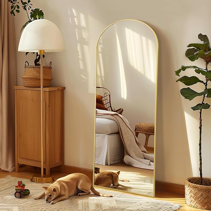 Floor Mirror Full Length, 56"X18" Gold Arch Full Length Body Mirror Wall Mounted with Thin Aluminum Frame, Tempered Glass Long Standing Mirror for Bedroom Living Room Dorm-DeskLoop Office
