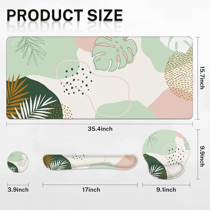 Britimes Green Boho Leaves Keyboard Mouse Pad Set 4in1 Large Mousepad+Keyboard - Image 2