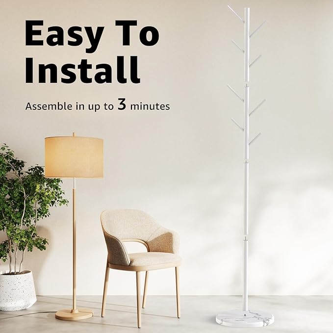 Coat Rack with Natural Marble Base, Metal Freestanding Coat Rack with 8 Hooks, 3 Adjustable Size Sturdy Coat Tree for Bags, Coats, and Hats for Entryway, Hallway, Bedroom, Office, White-DeskLoop Office