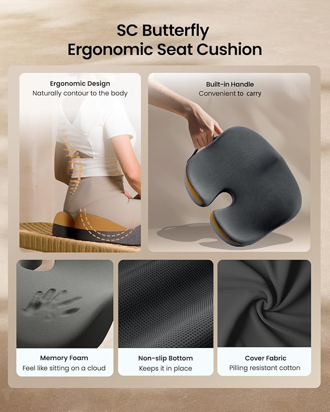 ProtoArc Seat Cushion, Office Chair Cushion for Sciatica, Coccyx Cushion, Ergonomic Memory Foam Seat Cushion for Car, Home, Pressure Relief Pad for Hip, Tailbone, All Day Comfort - Black&Gray-DeskLoop Office