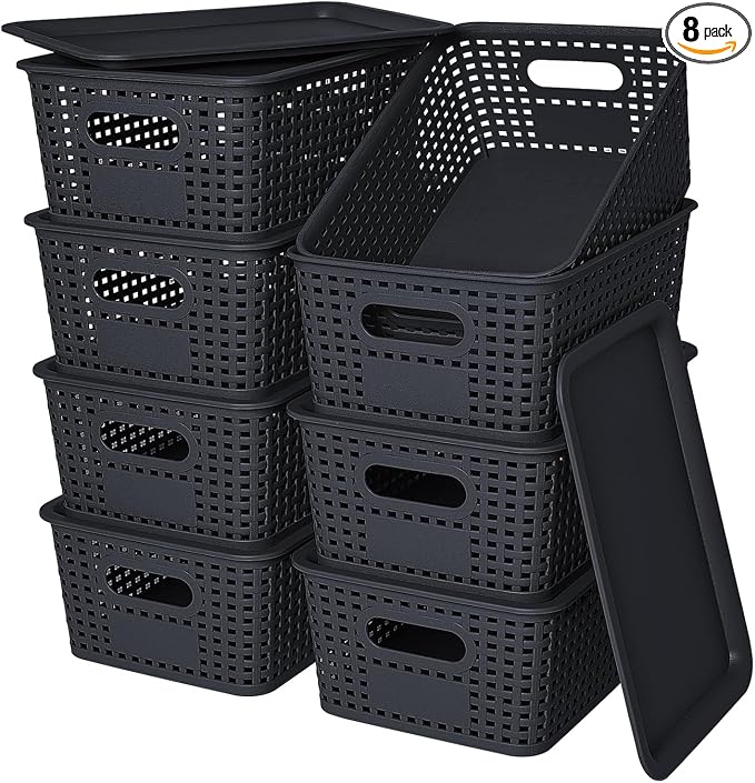 Plastic Storage Baskets with Lid-Plastic Storage Containers Stackable Storage by OHMLOVE