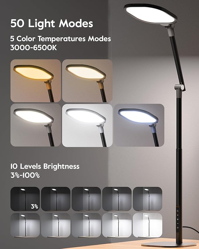 Led Desk Lamps for Home Office with Base, Tall Desk Lamp with 50 Light Modes & Memory and Timer Func Computer Light, Flexible Adjustable Table Lamps for Video Conference, Architect or Study(Black)-DeskLoop Office
