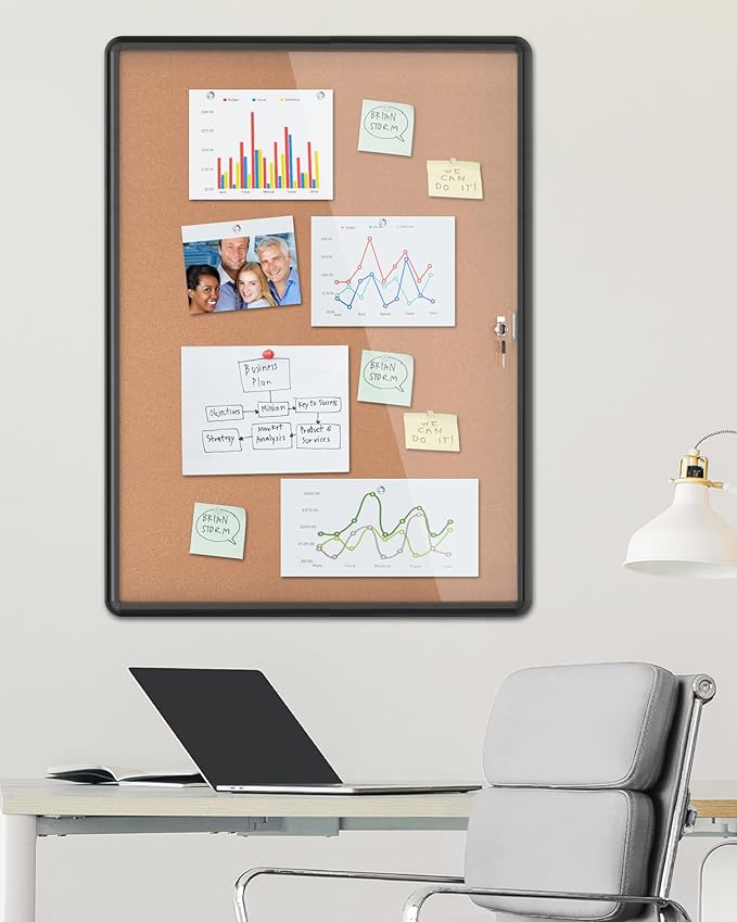 38"x28" Enclosed Bulletin Board, Lockable Weather-Resistant Aluminum Cork Noticeboard for School & Office, Black Frame w/Cork-DeskLoop Office