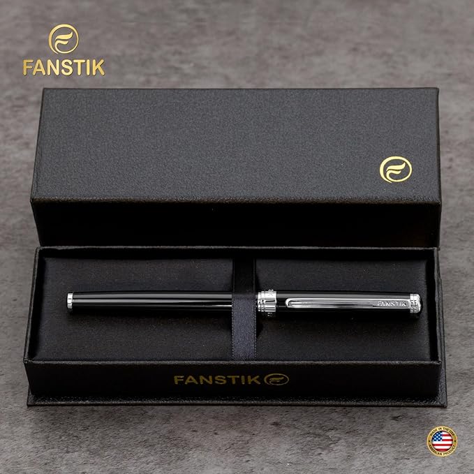 Customized Black & Silver Luxury fountain pen (Made In USA) fancy gift set for women, Chrome Finish, Professional executive pen gift set for men (Lux Custom-fountain Black-Silver)-DeskLoop Office