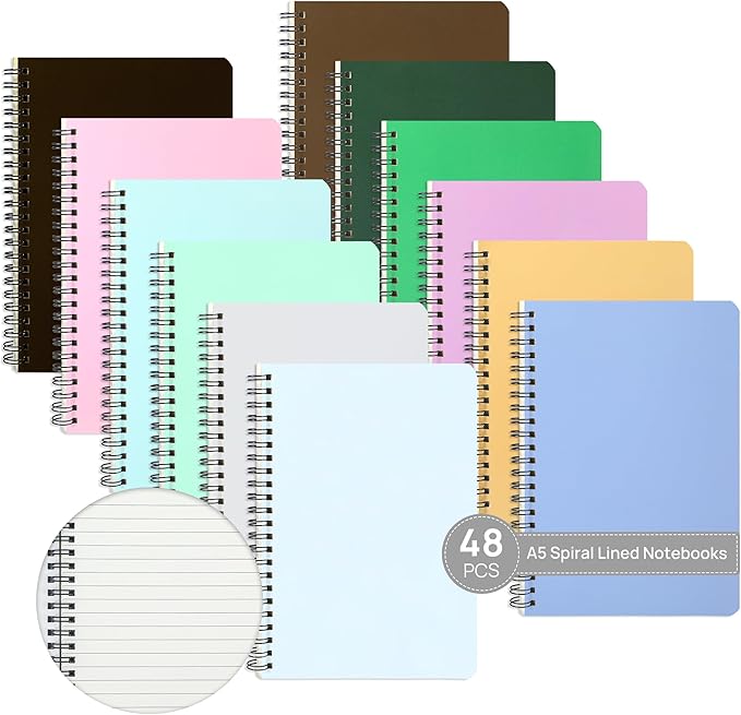 miikoul 48 Pack A5 Spiral Lined Notebooks, 8.3" X 5.5", 60 Sheets/120 Pages Wide Ruled Notebook Spiral Journals Bulk Paper Cover Notepad 12 Colors for Students Taking Class Notes Home Office Gift-DeskLoop Office