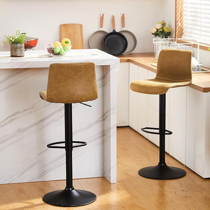 HeuGah Bar Stools Set of 3, Swivel Counter Height Barstools with Back, Adjustable Height 24" to 32", Whiskey Brown Faux Leather Bar Chairs for Kitchen Island (Whiskey Brown, Set of 3 (24'' to 32''))-DeskLoop Office