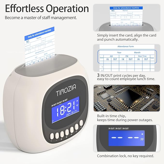 Time Clocks for Employees Small Business, Auto-Align Time Clock, 6 Punches per Day Time Machine, Clock in Machine for Employees with 100 Time Cards, 2 Ink Ribbons and 4 Racks(Military time)-DeskLoop Office