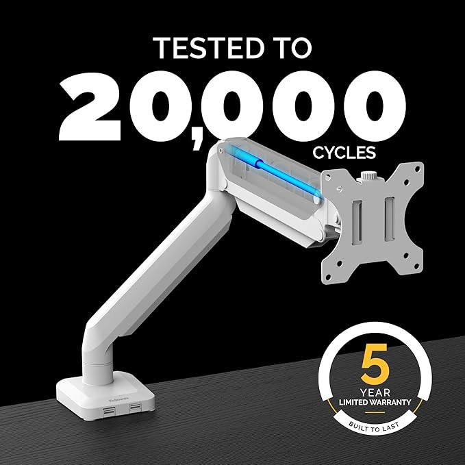 Fellowes Platinum Series Single Monitor Arm for 40-Inch Monitors, Full Motion, 360° Rotation, VESA Mount with Grommet or Clamp, USB Ports, Ergonomic, White, 8056201-DeskLoop Office