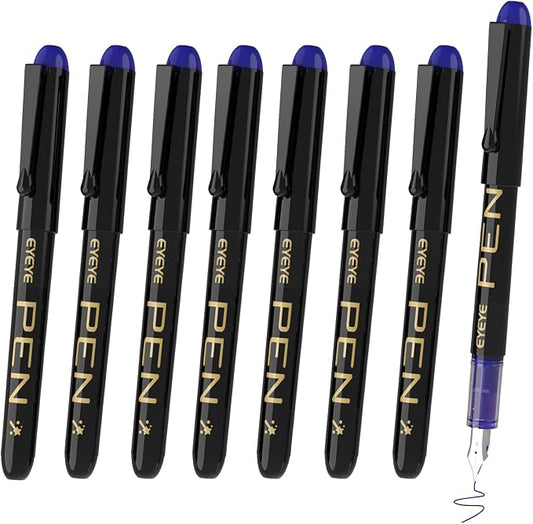 EYEYE Fountain Pens for Writing, 8 Pack Blue Fine Point Pens Disposable by eyeye