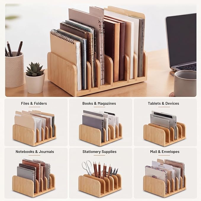 Lineshading Bamboo Letter Organizer, 5 Compartments Desk Mail Organizer - Image 6