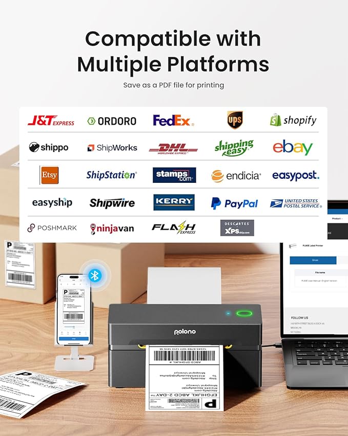 POLONO Bluetooth Thermal Shipping Label Printer, Wireless 4x6 Shipping Label Printer for Small Business, Support iOS, Android, Windows and Mac, Compatible with Amazon, Ebay, Shopify, Etsy, USPS(Black)-DeskLoop Office