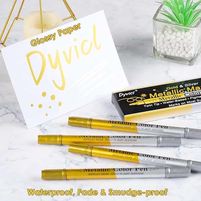 Dyvicl Metallic Marker Pens Dual Tip, Permanent Metallic Silver and Gold Paint Pens for Black Paper, Wine Glass, Rock Painting, Christmas Card Making, Scrapbook, DIY Art Crafts, Set of 4-DeskLoop Office