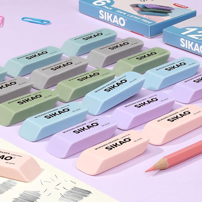 Morandi Erasers, 6 Pack Pencil Erasers | Aesthetic Pastel Beveled Rubber Erasers - Image 5