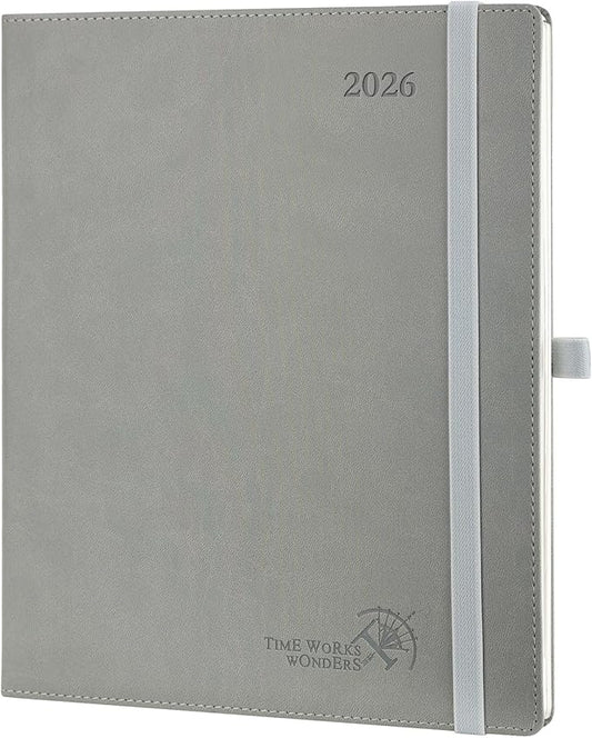 POPRUN 2026 Planner (Large - 8.5'' x 10.5'') - 2026 Weekly Calendar (Jan. 2026 - Dec. 2026) with Hourly Time Slots, Weekly/Monthly Appointment Book for Time Management - Leather Soft Cover - Grey