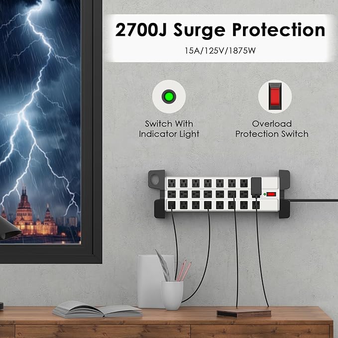 HHSOET Heavy Duty Power Strip with Surge Protection, Industrial Commercial Metal 24 Outlets Wall Mount for Garage Shop, 15 Amp, Switch, 6FT Extension Cord, Grey.-DeskLoop Office