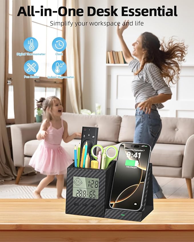 Multifunctional Pen Holder and Organizer for Desk with Wireless Charger, Digital Indoor Thermometer and Humidity Gauge, Home Office Organizers and Storage (Battery Included)-DeskLoop Office