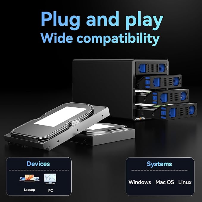 4 Bay Hard Drive Enclosure with Cooling Fan for 2.5/3.5" SATA HDD/SSD with USB A/C 3.0 Cable, Tool-Free HDD Enclosure, 3.5 Hard Drive Enclosure Support 80TB, Hot Swappable(NO RAID/NAS)-DeskLoop Office