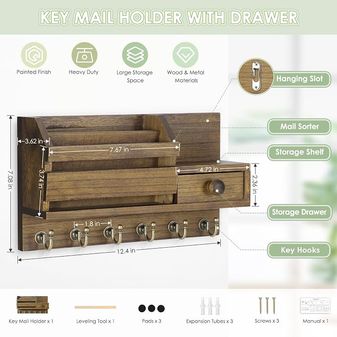 VIS'V Key Holder Wall Mount, Wooden Mail and Key Organizer, Small Shelf - Image 3