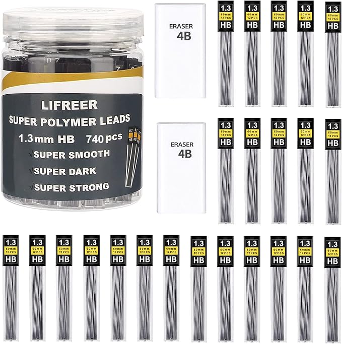 Lifreer 1.3mm Unbreakable Pencil Refills, 2 Premium Erasers, Long Lasting HB by Lifreer