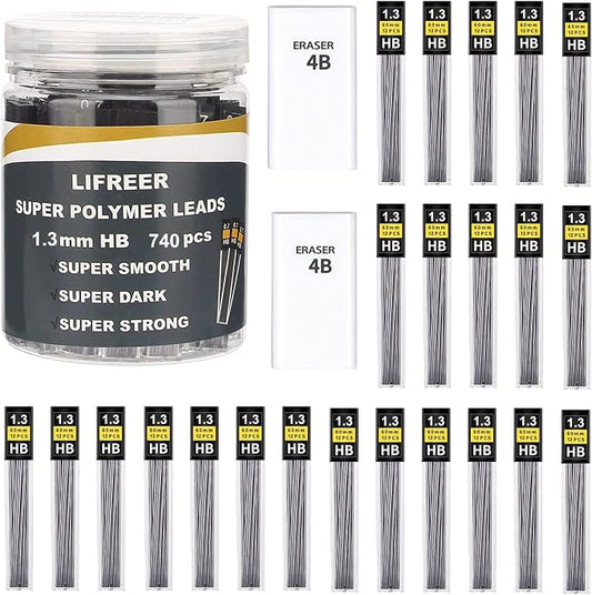 Lifreer 1.3mm Unbreakable Pencil Refills, 2 Premium Erasers, Long Lasting HB by Lifreer