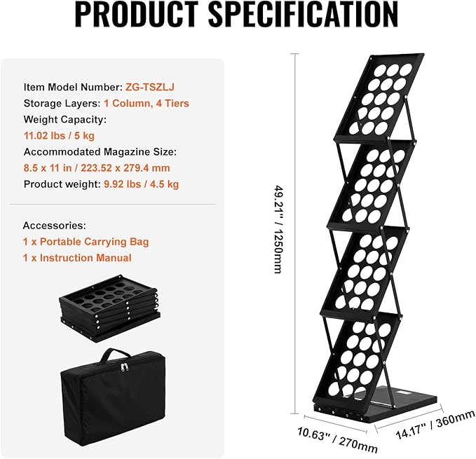VEVOR Foldable Magazine Display Rack, 4-Tier Brochure Literature Display Stand, Portable Catalog Brochure Holder Stand with Carrying Bag for Office Trade Show Exhibitions, 4 Pockets-DeskLoop Office