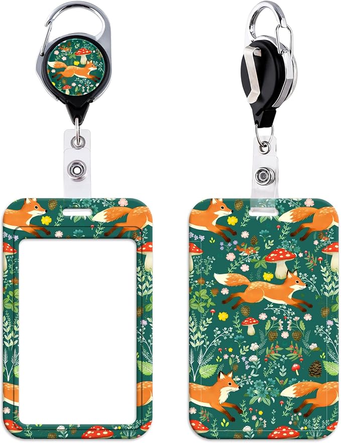Cute ID Badge Holder Fox & Flowers Keychain Retractable Badge Reel ID Holder by beemorita