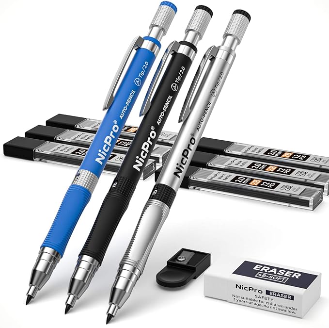 Nicpro 11 Pieces 2mm Mechanical Pencil Set, 3 PCS Carpenter Drafting Pencil 2.0 mm for Art Drawing Writing Sketching Construction with 6 Tube Pre-Sharpen HB & 2B Refill, Eraser, Sharpener