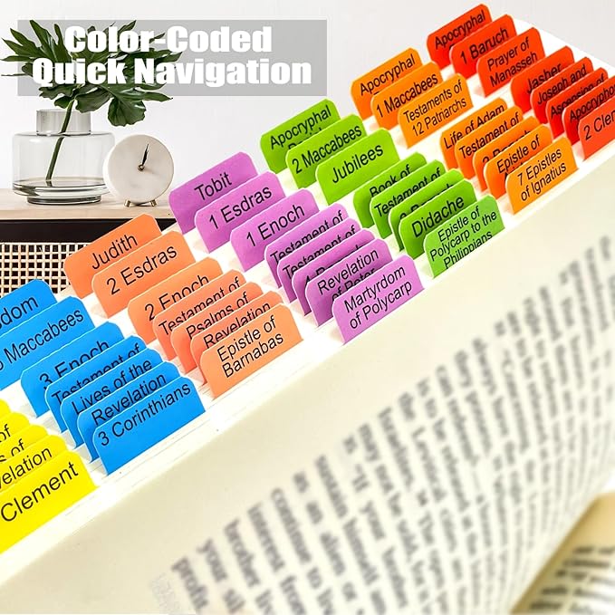 Index Tabs for The Complete 100-Book Apocrypha,2024 Edition 72 Color Coded Laminated Durable Tabs, 68 Books Chapter Tabs, 4 Blank Tabs,1 Placement Guide Card (Book Not Included)-DeskLoop Office