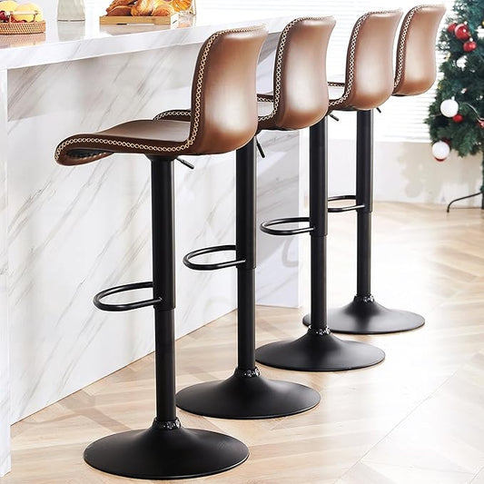 HeuGah Swivel Bar Stools Set of 4, Counter Height Bar Stools with Back, Adjustable Bar Stools 24" to 32", Brown Faux Leather Bar Chairs for Kitchen Island (Brown, Set of 4 (24'' to 32''))-DeskLoop Office