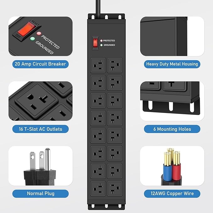 JUNNUJ Heavy Duty 20 Amp Power Strip 4800J, 16 Outlets 12 Gauge Garage Industrial Surge Protector, High Amp 5-15P Adapter Shop 6-20R T-Slot Metal Outlet, 15 FT Extension Cord Commercial for Appliance-DeskLoop Office