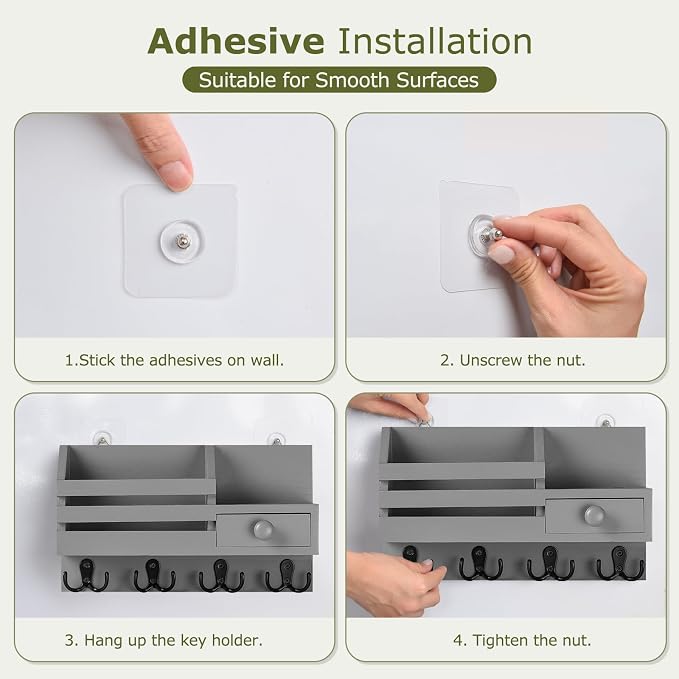 Key Holder Wall Mount, Wooden Adhesive Mail and Key Organizer - Image 7
