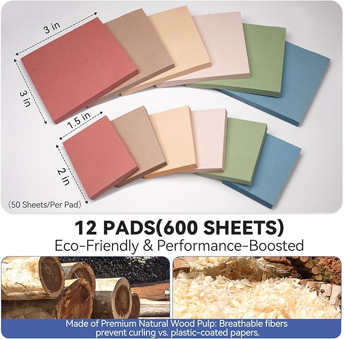 Sticky Notes 3x3in + 2x1.5in Small Sticky Note, 12 Pack 6 Colors Self-Sticky Note Pads | Sticks Strong & Removes Clean | Recycled Paper Cute Sticky Notes to School Supplies, Office Products-DeskLoop Office