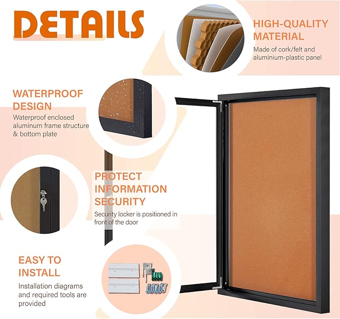 Enclosed Bulletin Board Outdoor Noticeboard with Locking Door, Weather-Resistant, Cork, Black Aluminum Frame, 36 x 24 in-DeskLoop Office