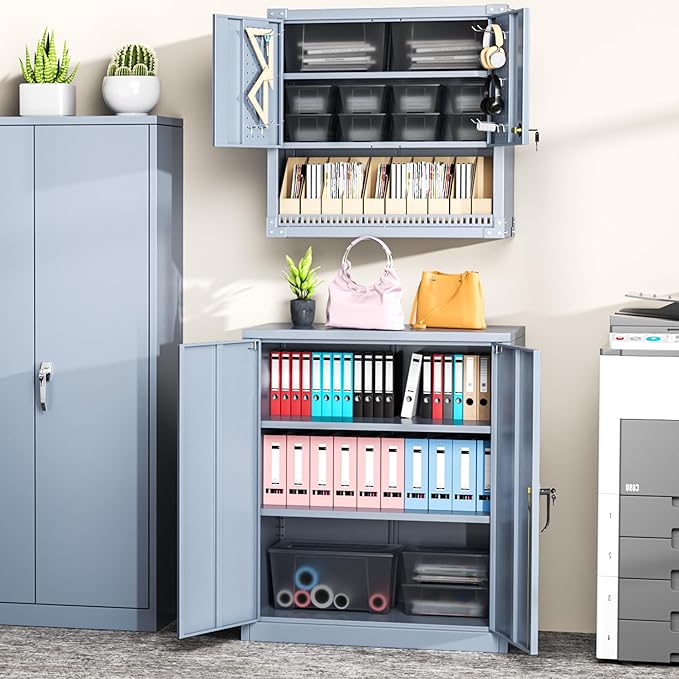 Greenvelly Metal Garage Storage Cabinet, Lockable Metal Cabinets with 2 Doors and Shelves,36”Steel Storage Locking Counter Cabinet for Office,Garage,Kitchen,Home,School(Dark Grey)-DeskLoop Office