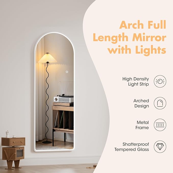 Hasipu 55" X 18" Full Length Mirror with Lights, White Frame Arch Led Mirror Full Length and 3 Colors Temperatures & Brightness Adjustable,Light Up Mirror Full Body for Bedroom Cloakroom Living Room-DeskLoop Office