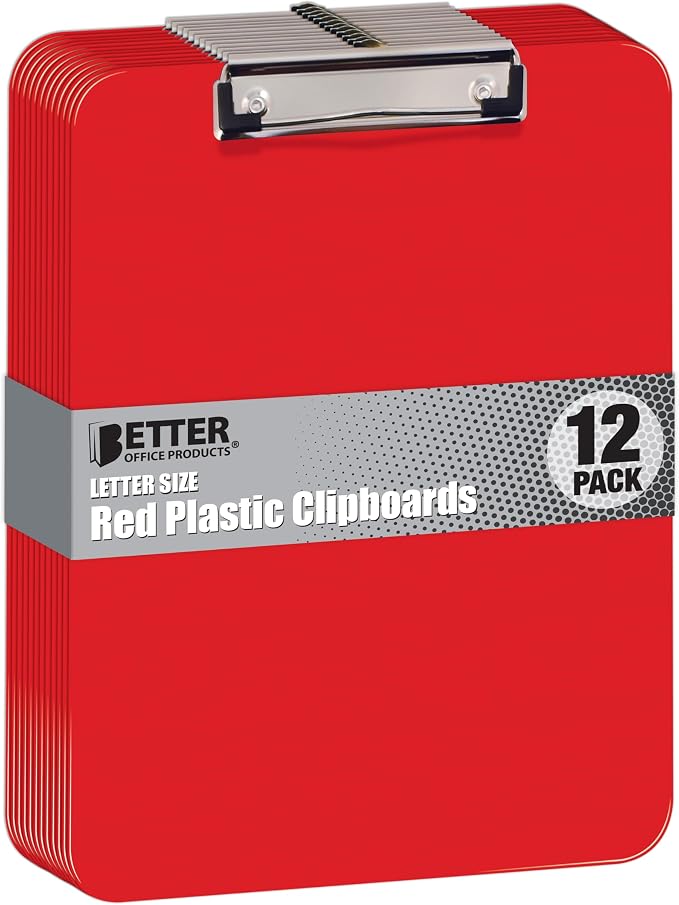 Better Office Products Red Plastic Clipboards, 12 Pack, 12.5 x 9 Inch, Low by BetterOfficeProducts