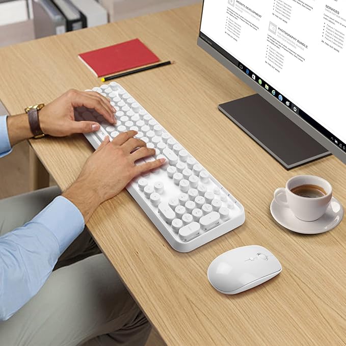 FOPETT Wireless Keyboard and Mouse Combo, 104 Keys Full-Sized 2.4 GHz Round Keycap Colorful Keyboards, USB Receiver Plug and Play, for Windows, Mac, PC, Laptop, Desktop (White)-DeskLoop Office