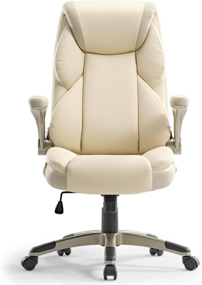 EUREKA ERGONOMIC Executive Office Chair Flip Up Arm Rest, Ergonomic Desk Chair Faux Leather Computer Chair, High Back Office Chair with Headrest, Home Office Desk Chairs with Wheels, Beige-DeskLoop Office