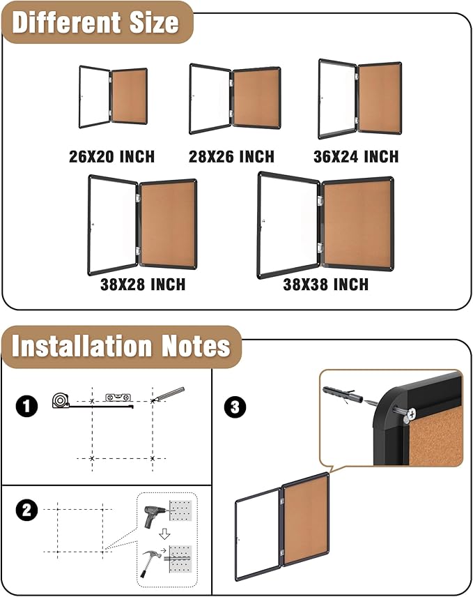 38"x38" Enclosed Bulletin Board, Lockable Weather-Resistant Aluminum Cork Noticeboard for School & Office Hospital, Black Frame w/Cork-DeskLoop Office