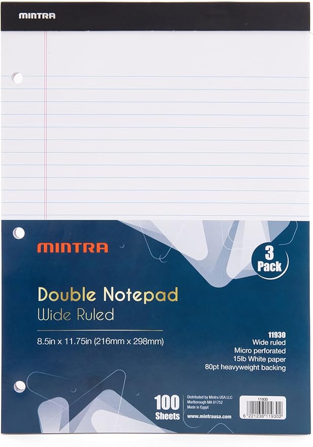 Mintra Office Legal Pads (Double Pad 3pk (White), 8.5in x 11in (Wide Ruled))-DeskLoop Office