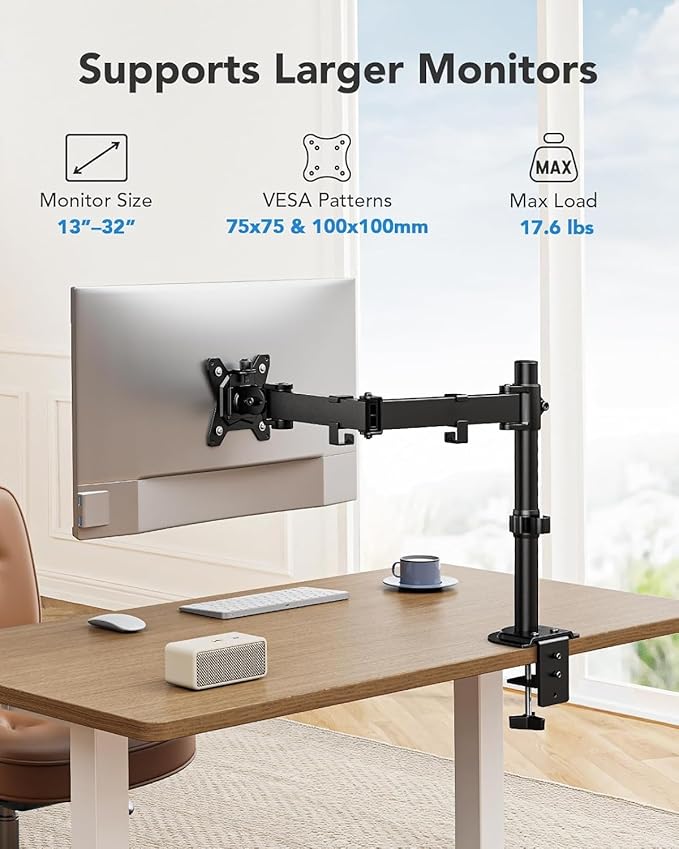 HUANUO Single Monitor Mount, Monitor Arm for 13”-32” Monitors up to 17.6 lbs, Adjustable Stand with 16” Max Height, Desk Mount with C-Clamp and Grommet Base, VESA 75x75mm or 100x100mm-DeskLoop Office