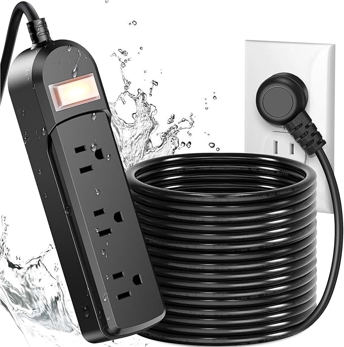 IPX6 Outdoor Power Strip Weatherproof, Waterproof Surge Protector with 3 Wide Outlet 25FT Long Extension Cord, Wall Mountable for Outside Decorations and More UL Listed(Black)-DeskLoop Office