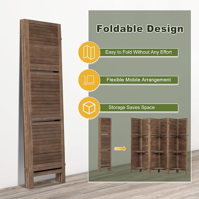 NicBex 6 Panel Room Divider 5.6FT Louvered Design Room Dividers with Display Storage Shelves Folding Privacy Screens Portable Freestanding Partition Wall Dividers for Home Bedroom Office, Dark Brown-DeskLoop Office