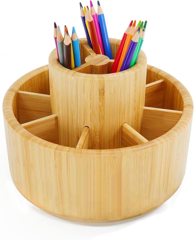 Utoplike Bamboo Rotating Art Supply Desk Organizer, Pencil Holder Organizer, Desktop Storage Caddy for Pen, Colored Pencil, Crayon, Paint Brushes, Art Studio&Office-DeskLoop Office